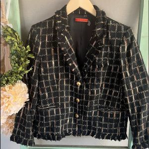 Alice + Olivia Black Tweed Frayed Metallic Detail Button Down Blazer Jacket Lg